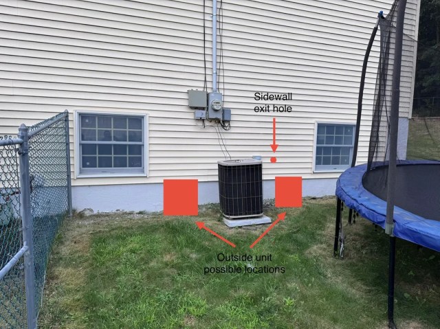 A overlay with potential mini-split locations outside a house.