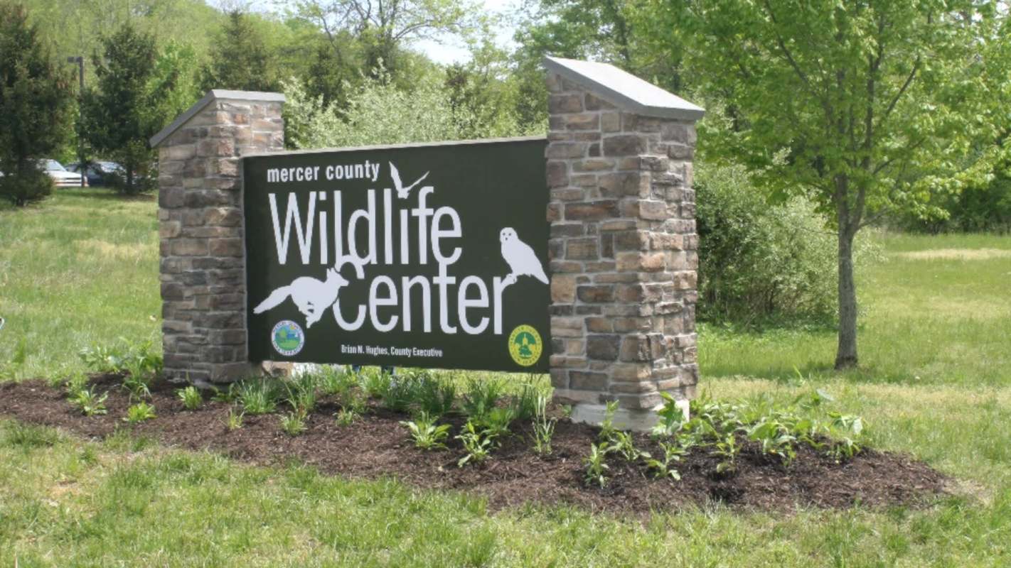 A sign for Mercer County Wildlife Center surrounded by grass and greenery.