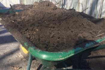 A wheelbarrow filled with dark soil and small twigs.