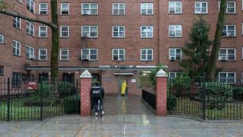 A brick apartment building.