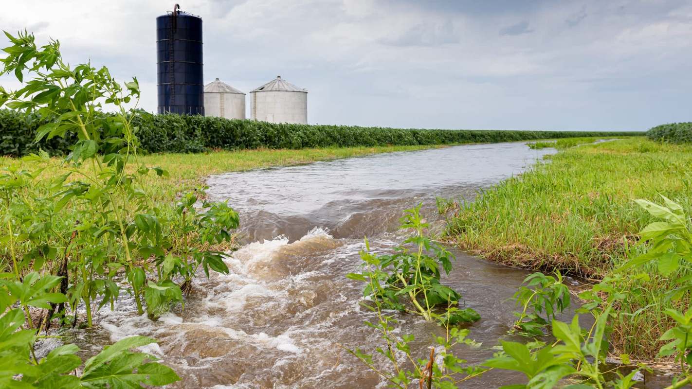 A stream flows through a grassy landscape with silos in the background under a cloudy sky.