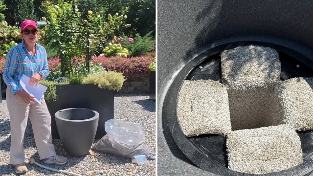 A woman putting together a self-watering planter.