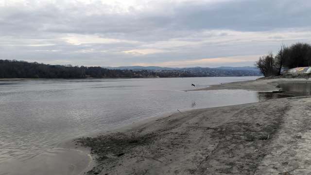 A riverbank with a sandy shore and distant trees under a cloudy sky.