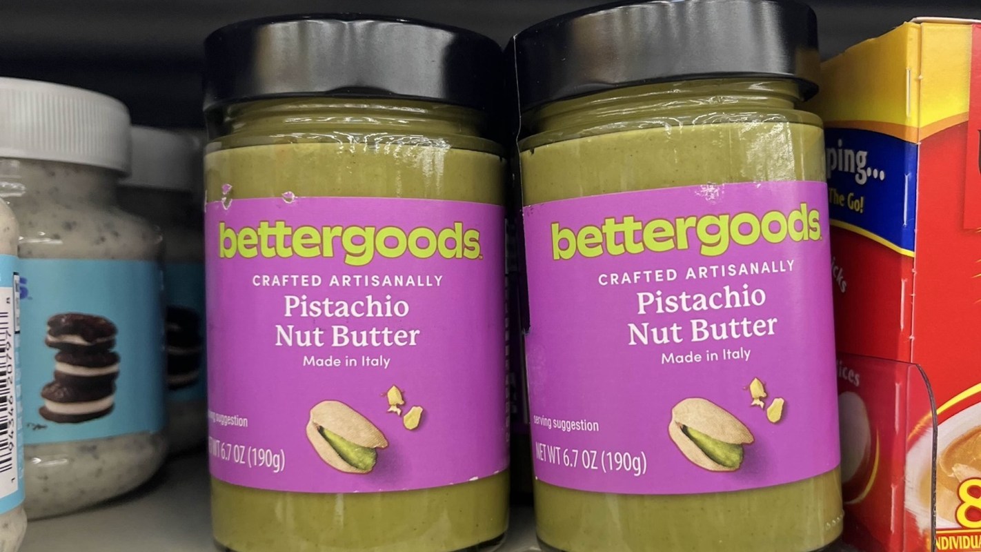 Bettergoods pistachio nut butter on a store shelf.