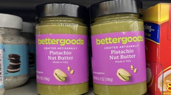 Bettergoods pistachio nut butter on a store shelf.
