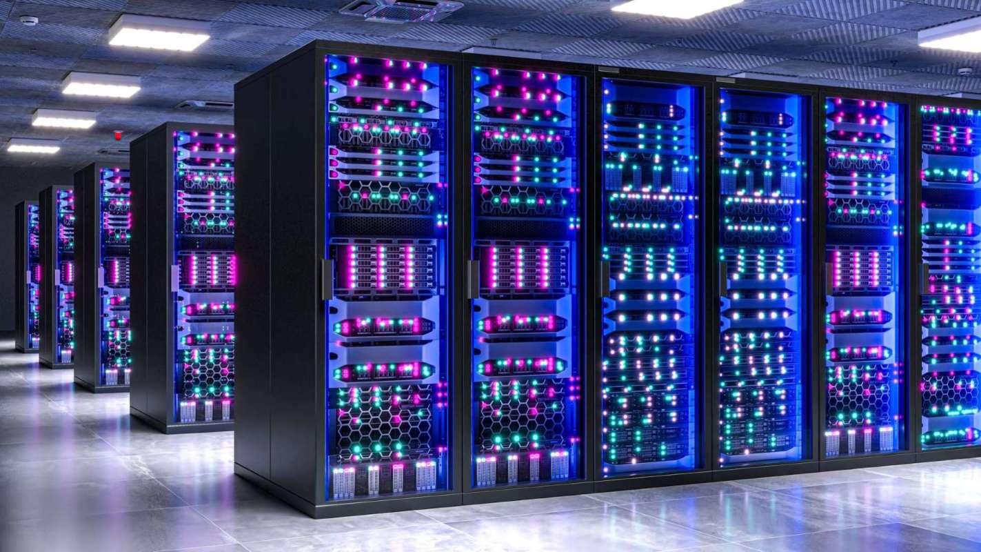 Server racks in a data center.
