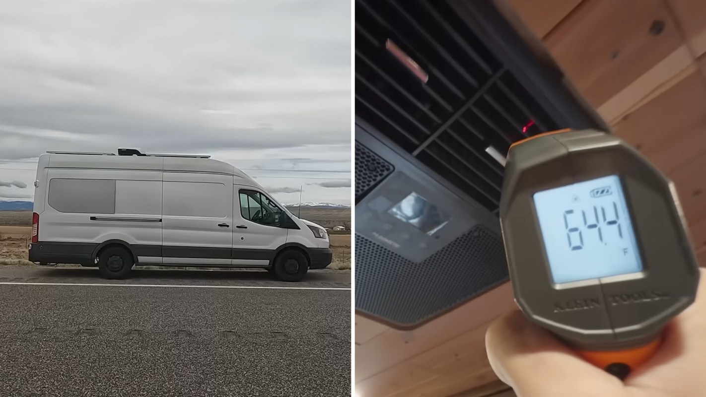 A white van parked on the side of a road with a cloudy sky in the background.
