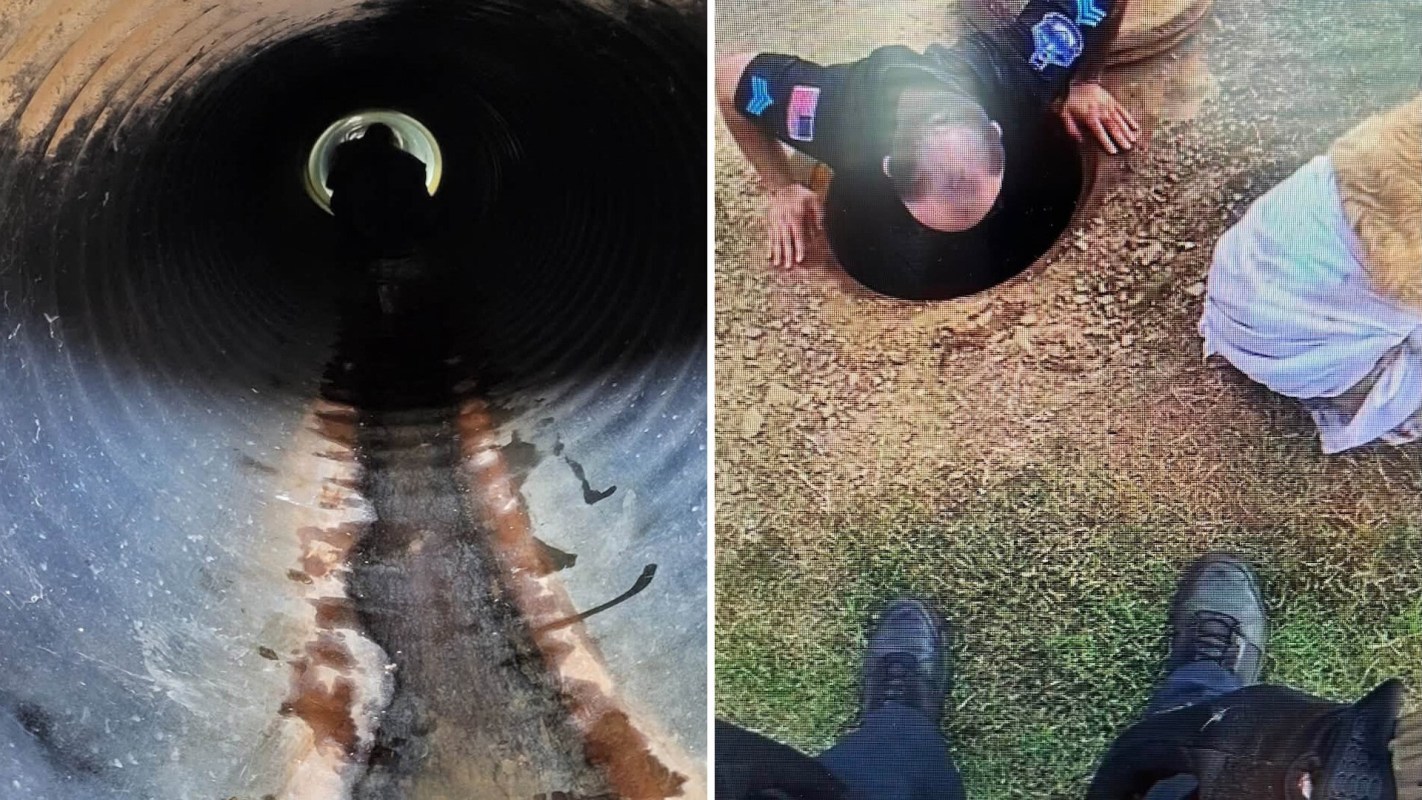 A view down a dark tunnel, then a person climbing out of the entrance and a dog nearby.