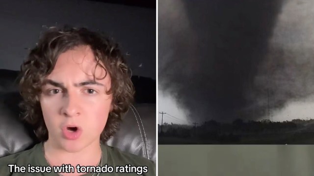 A person speaking about tornado ratings next to an image of a tornado.