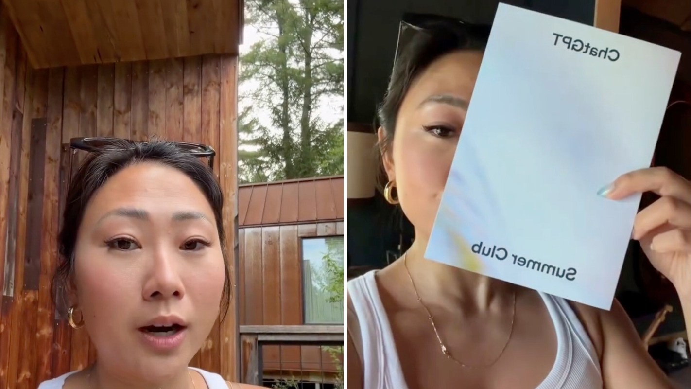 A woman holds a booklet titled "ChartGPT Summer Club" in a wooded outdoor setting.
