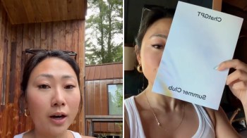 A woman holds a booklet titled "ChartGPT Summer Club" in a wooded outdoor setting.