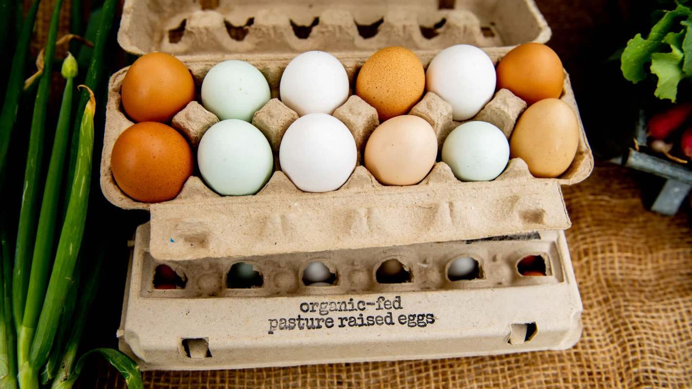 A carton of assorted eggs including brown, white, and blue varieties, with green onions nearby.