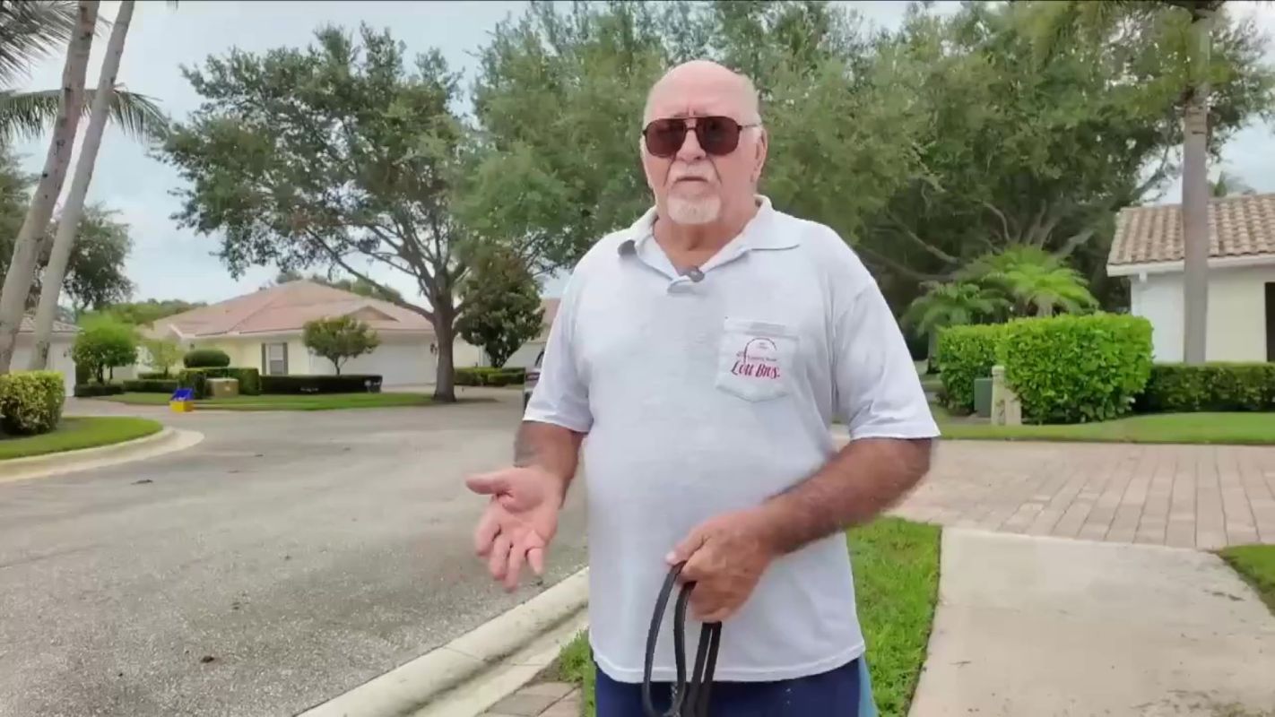A man holding a dog leash stands on a residential street with houses, oak trees, and palm trees in the background.
