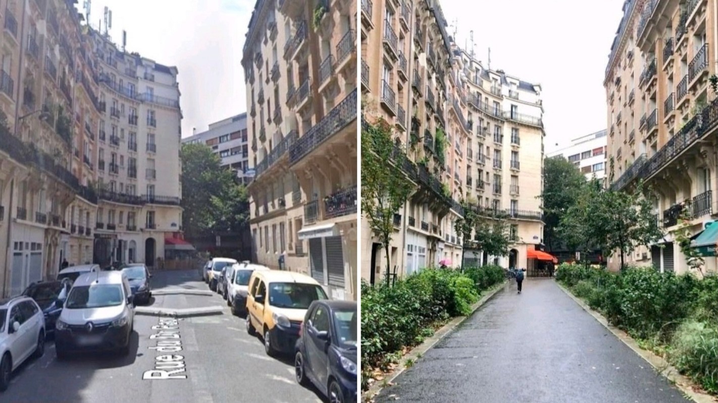 A Paris street scene featuring parked cars in one frame and then no cars and greenery in the other.