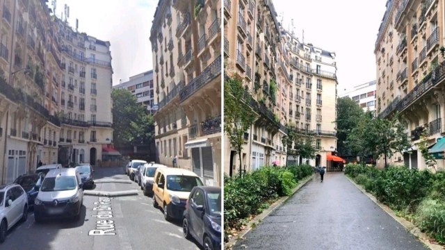 A Paris street scene featuring parked cars in one frame and then no cars and greenery in the other.