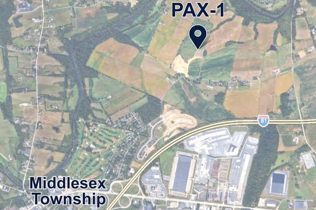An aerial view of Middlesex Township with a labeled location for PAX-1 and surrounding fields and structures.