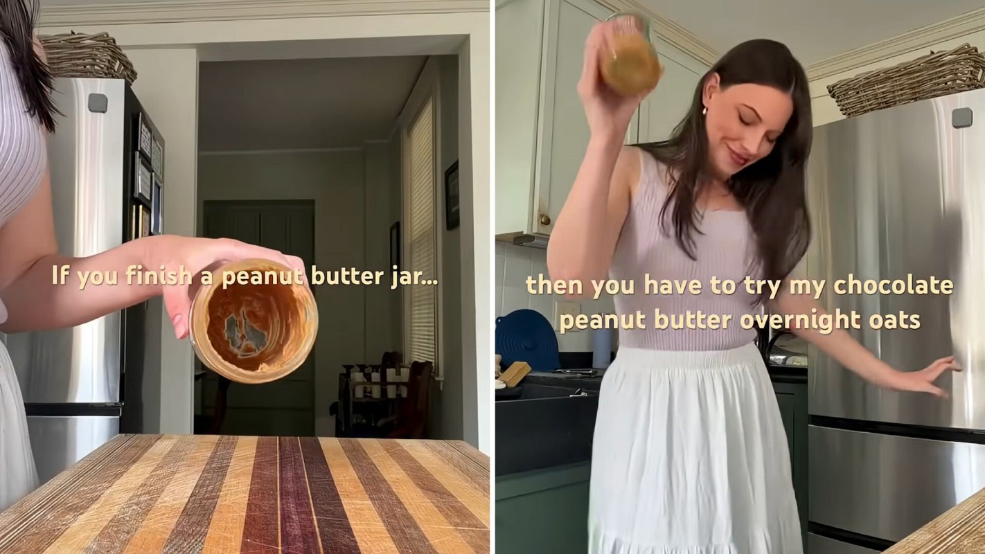A woman holds an empty peanut butter jar in a kitchen, accompanied by text about a recipe for overnight oats.