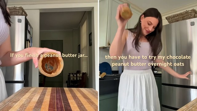 A woman holds an empty peanut butter jar in a kitchen, accompanied by text about a recipe for overnight oats.