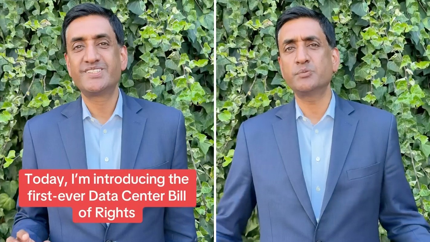 A person stands in front of green ivy, introducing a Data Center Bill of Rights.