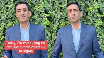 A person stands in front of green ivy, introducing a Data Center Bill of Rights.