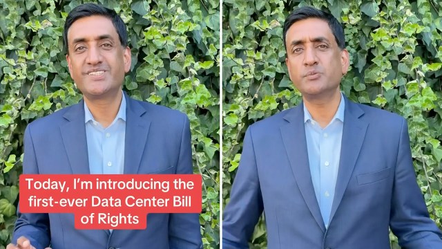 A person stands in front of green ivy, introducing a Data Center Bill of Rights.