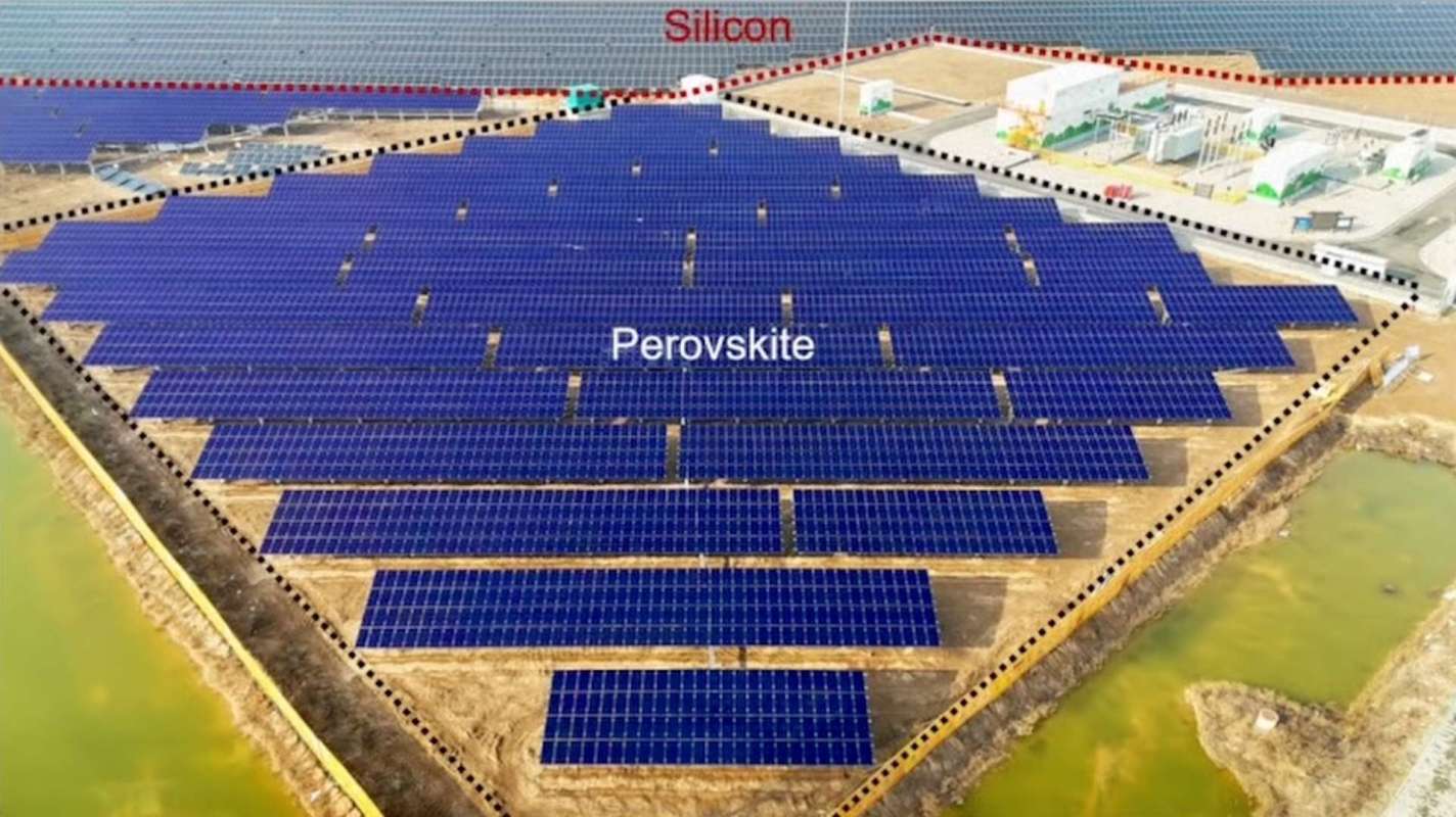 A solar farm featuring large arrays of solar panels labeled "Silicon" and "Perovskite."
