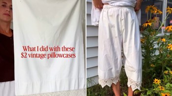 A crafter showing a white pillowcase's transformation into pants.