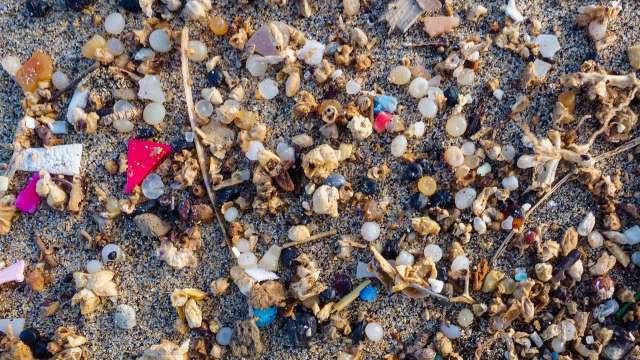 Plastic pellets on a beach.