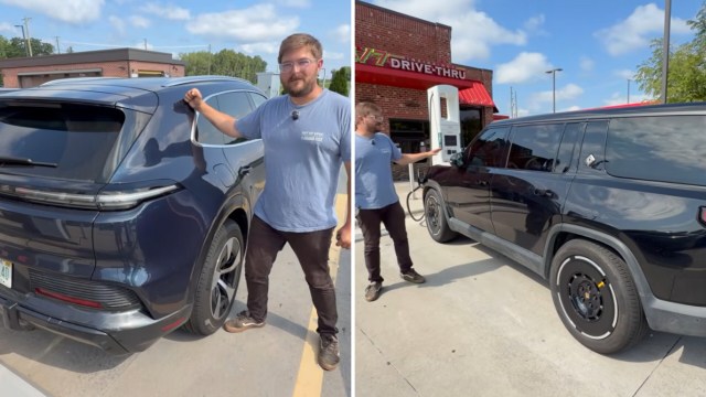 A man stands beside two cars at a drive-thru charging station.