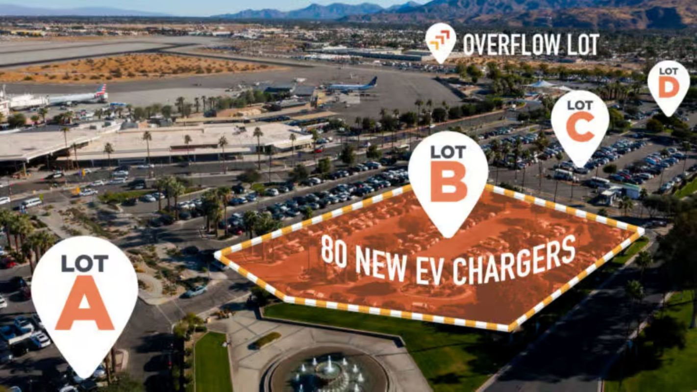A graphic of Palm Springs International Airport showing where 80 new EV chargers are located.