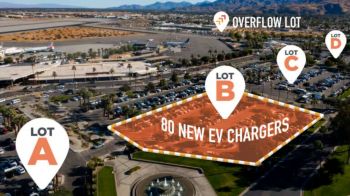 A graphic of Palm Springs International Airport showing where 80 new EV chargers are located.