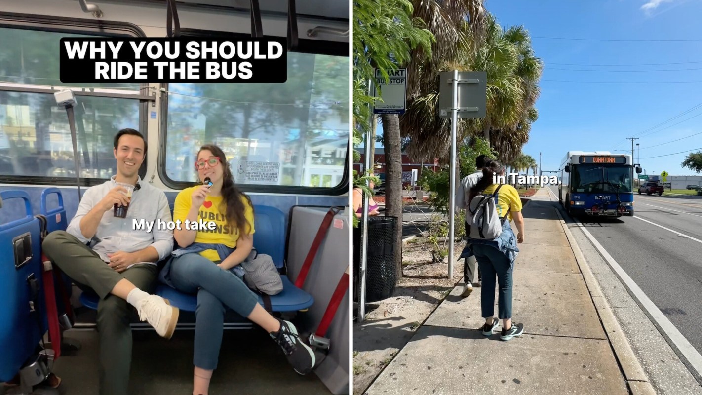 Two people sit on a bus, while another pair walks towards a bus stop in Tampa.