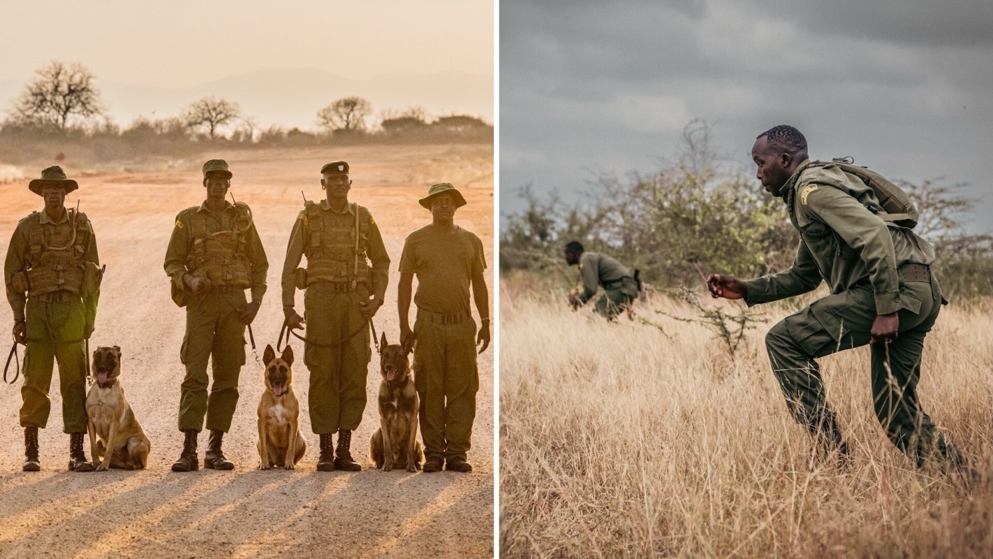 Park rangers with dogs and rangers maneuvering through tall grass.