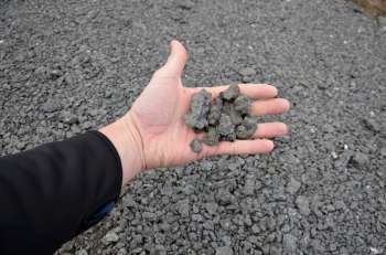 A hand holds several pieces of gray volcanic rock above a surface of gravel.