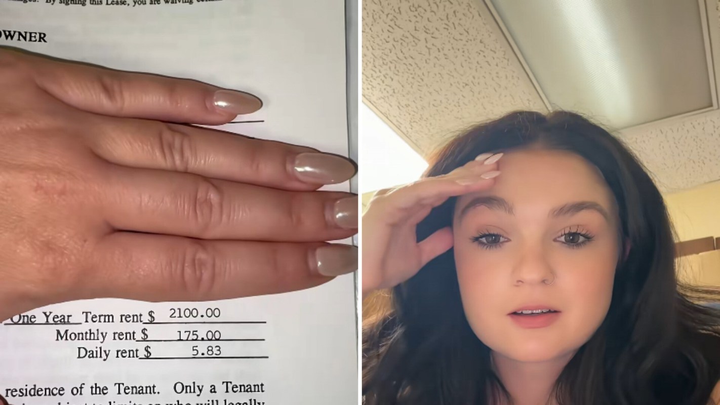 A hand rests on a lease document detailing rental terms, alongside a woman looking directly at the camera.