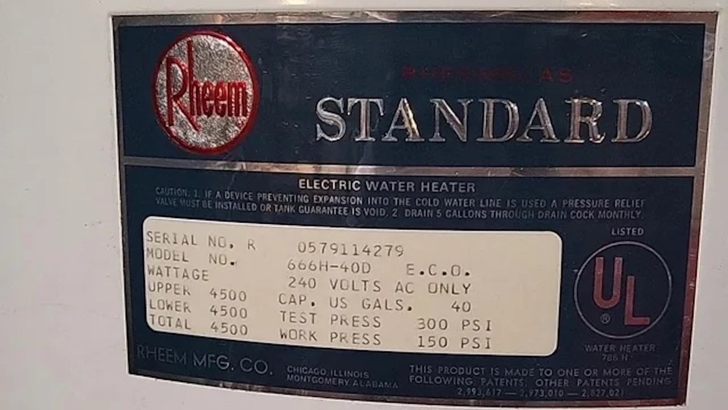 A label on an electric water heater with technical specifications and caution information.