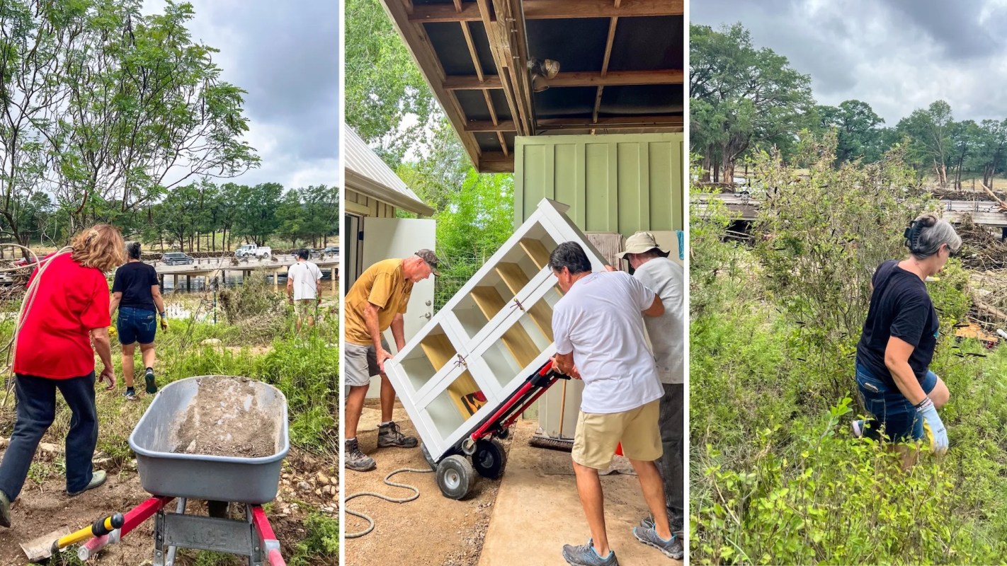 People working in a natural setting, moving furniture and clearing debris together.