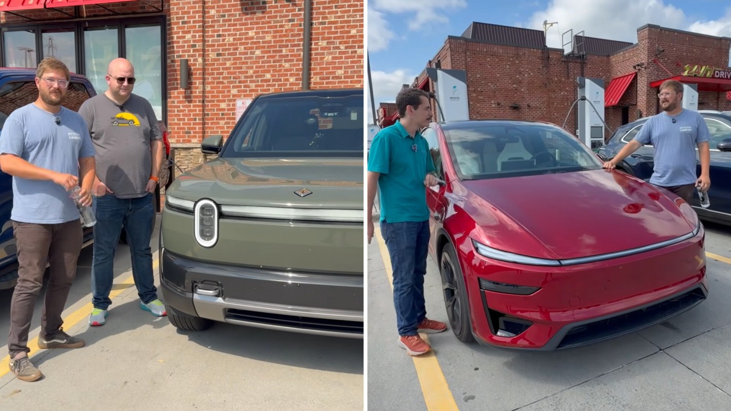 Two men stand beside an electric vehicle, while another man is next to a different electric car in a parking lot.