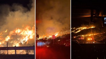 A series of images showing a large wildfire with flames and smoke on a hillside.