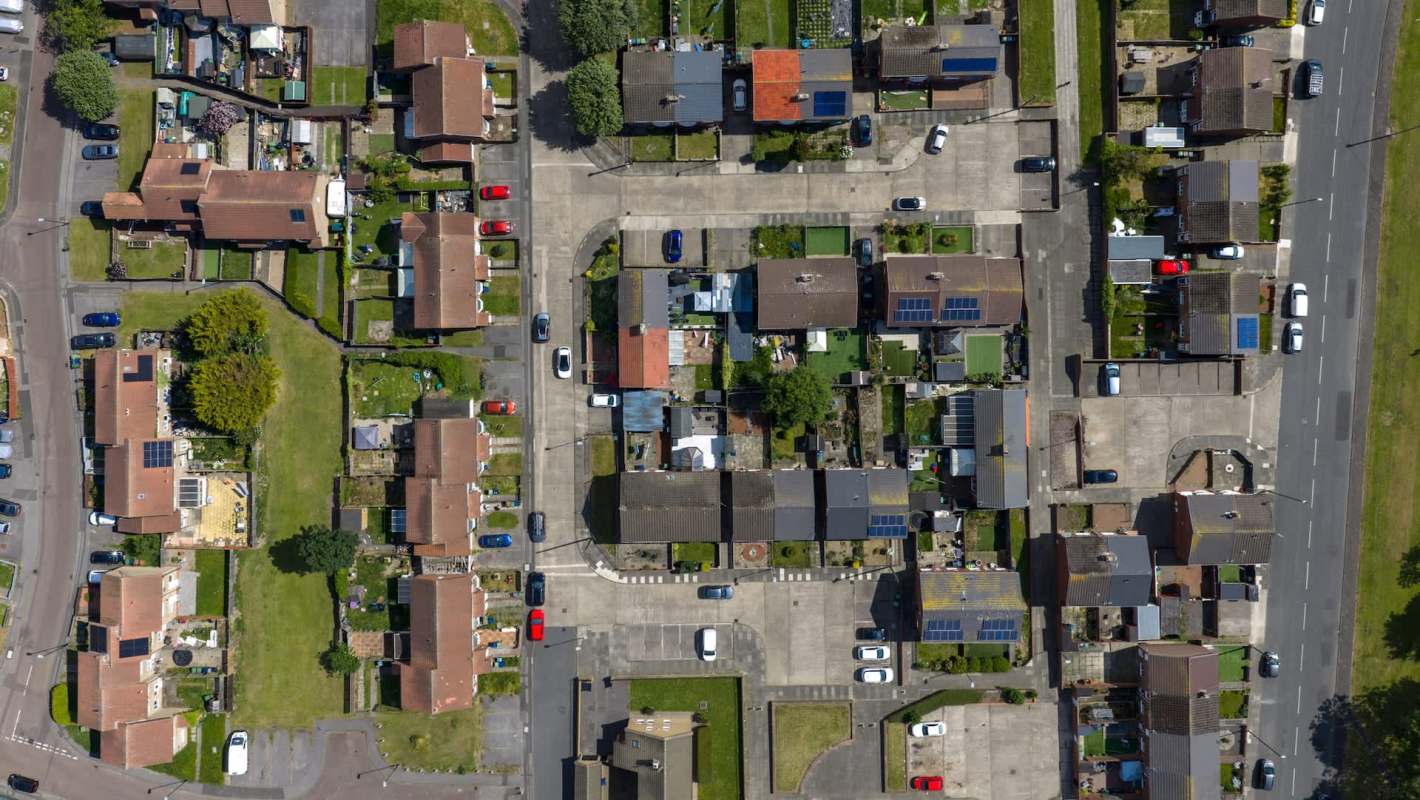 An aerial view of a residential neighborhood.