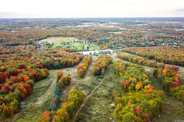 Aerial view of vibrant autumn foliage over fields and residential areas.