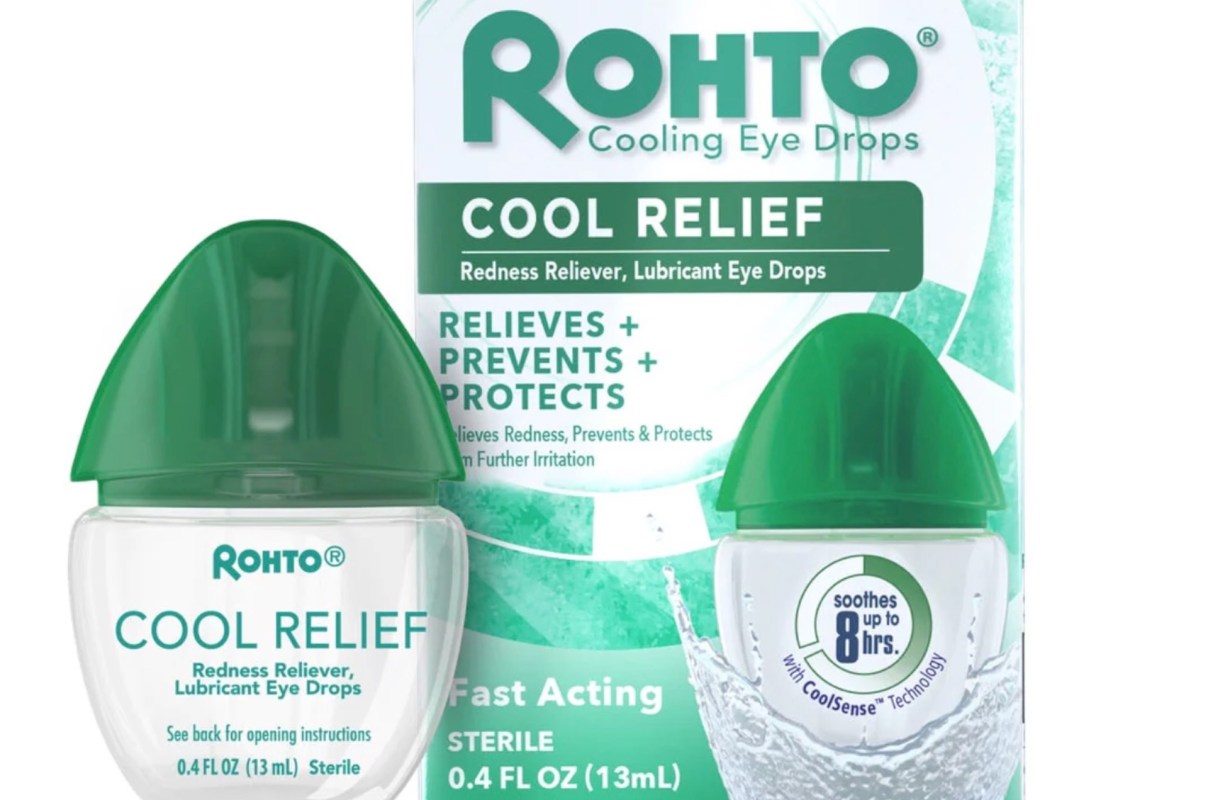 Rohto Cool Relief eye drops in a clear bottle with a green cap, alongside its packaging.
