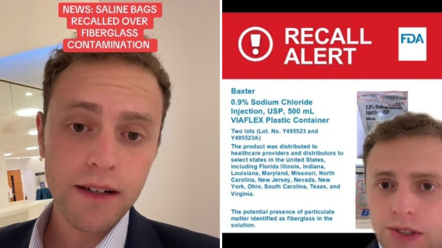 A person talking about a saline bag recall.