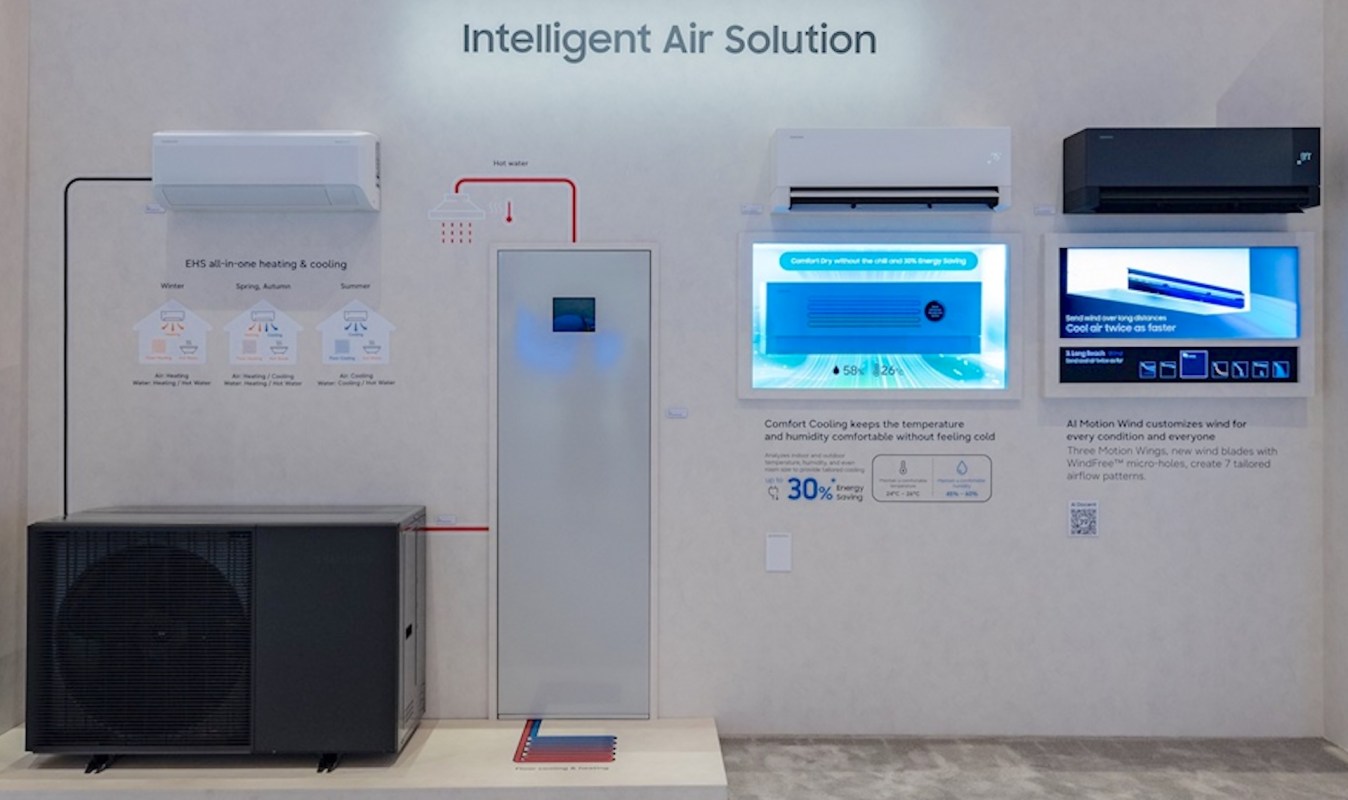 An air conditioning display showcasing various units and features for heating and cooling.
