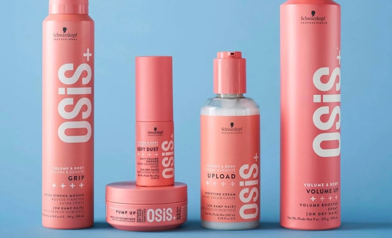 Five hair care products from Schwarzkopf's Osis+ line displayed against a blue background.