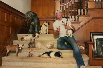 Steve Greig surrounded by senior rescue dogs.