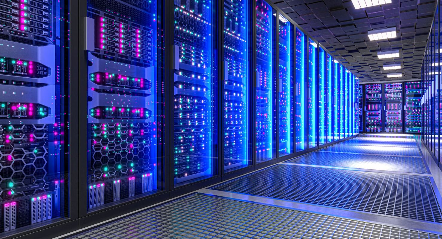 Server racks in a data center.