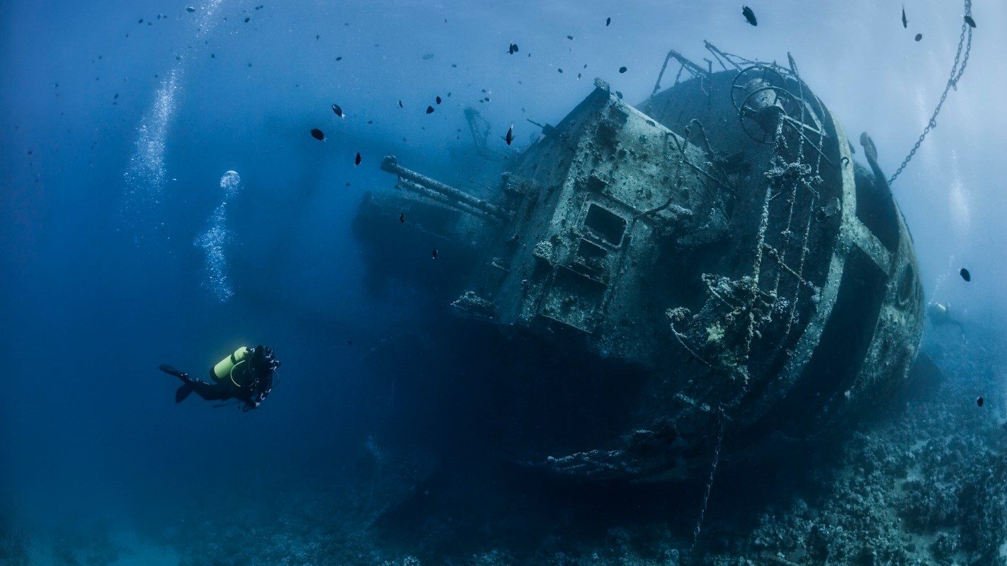 A diver explores a sunken shipwreck surrounded by fish in clear blue water.
