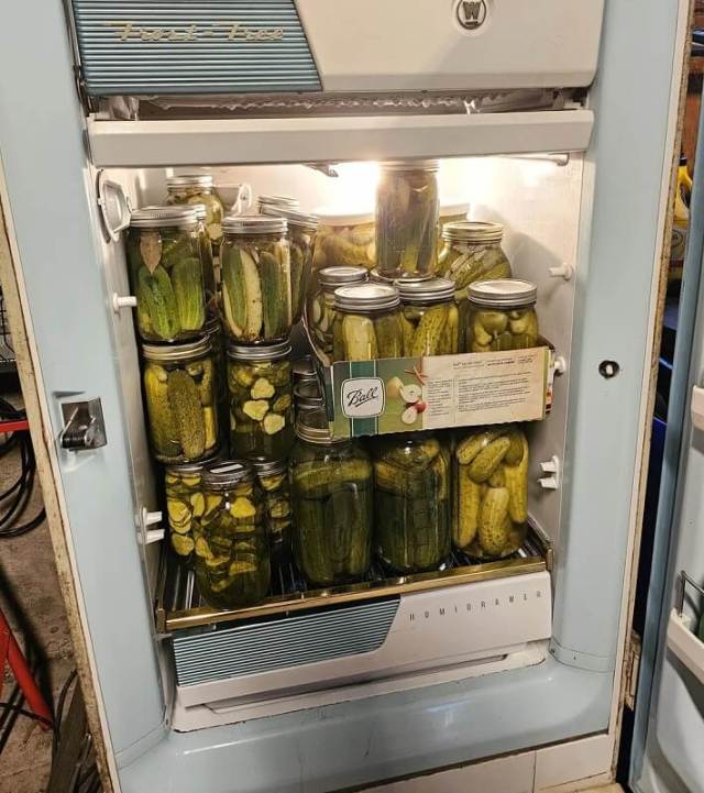 A refrigerator filled with jars of pickles.