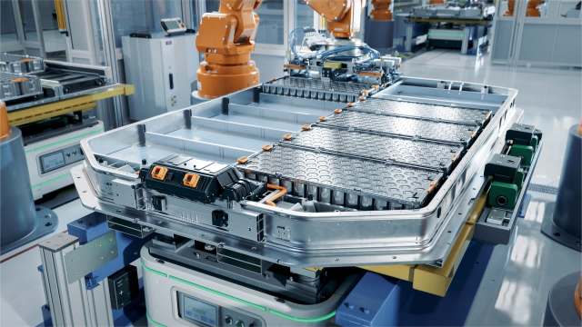 A robotic assembly line working on a battery module within a manufacturing facility.